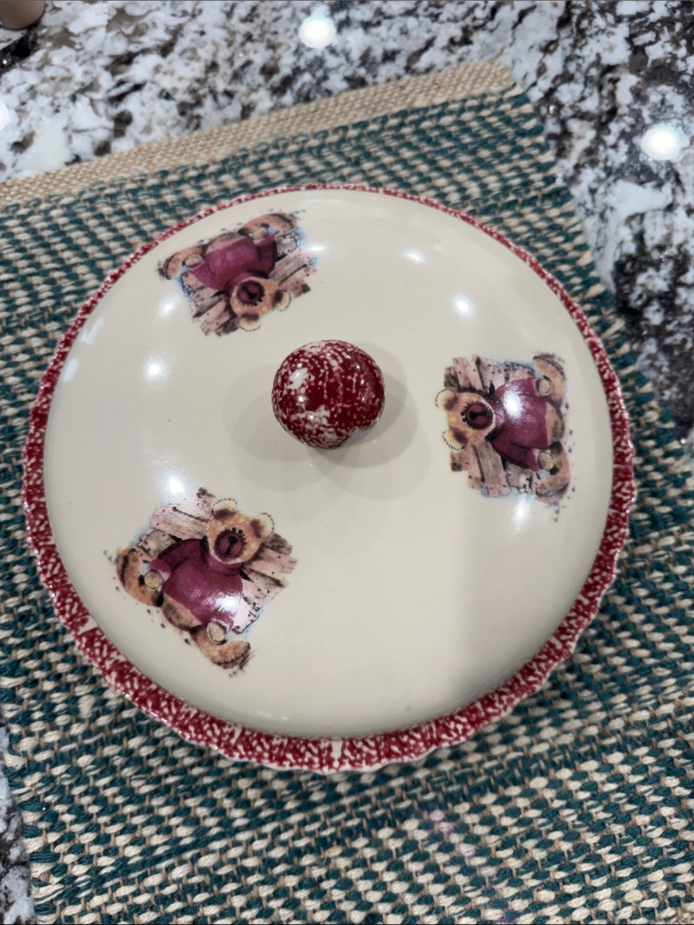 Pink Sponge Cream Ceramic Covered Dish with Red Speckled Trim and Bear Motif